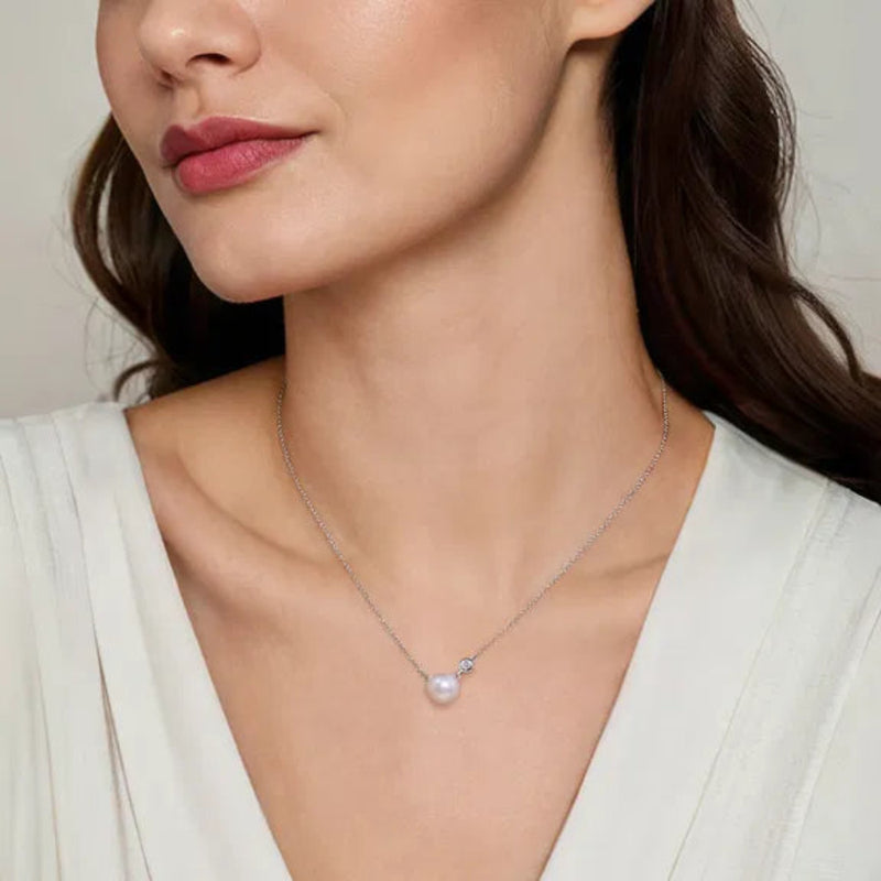 SS 0.02ctw Diamond and Round Pearl Pendant Necklace