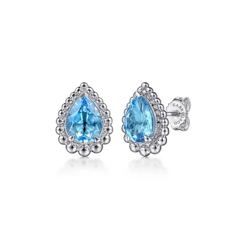 SS Swiss Blue Topaz Pear Shape Beaded Frame Earrings