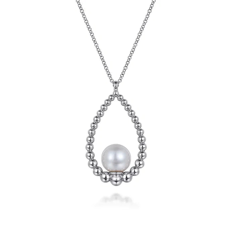 SS 17.5" Teardrop Beaded Pearl Pendant Necklace