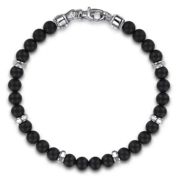SS Men's 8.5" 6mm Black Titanium Bead with Faceted Rondels Bracelet