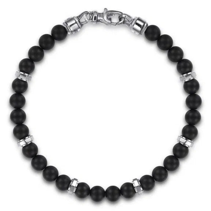 SS Men's 8.5" 6mm Black Titanium Bead with Faceted Rondels Bracelet