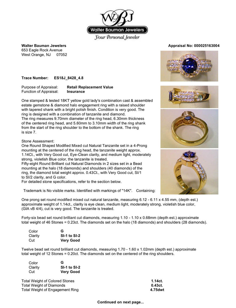 Estate 18K Y Gold 1.14ct Tanzanite & 0.43ctw Diamond Ring