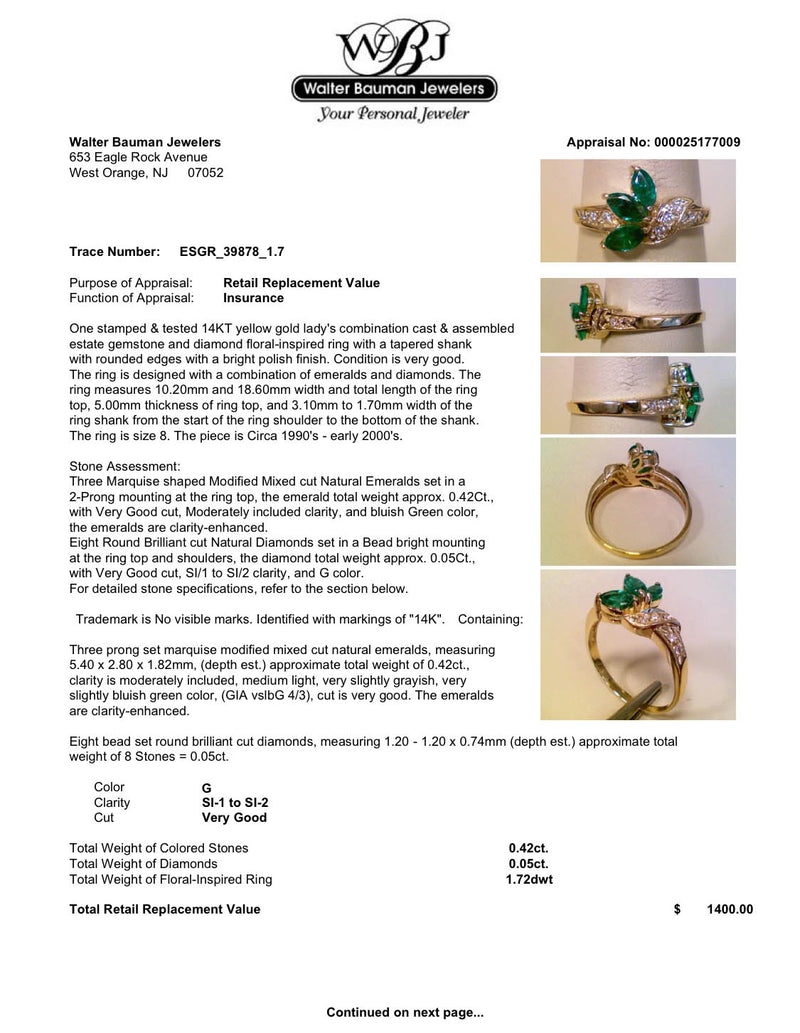 Estate 14K Y Gold 0.42ctw Emerald & 0.05ctw Diamond Ring