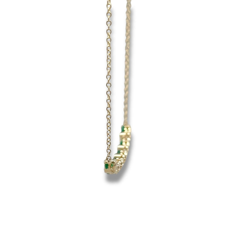 14K Y Gold 16" 0.14ctw Diamond and 0.66ctw Emeralds Curved Bar Necklace
