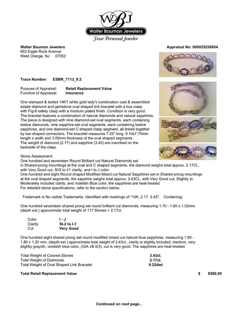Estate 14K W Gold 3.43ctw Sapphire & 2.17ctw Diamond Bracelet