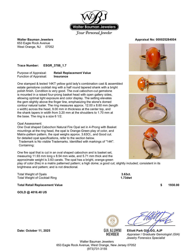 Estate 14K Y Gold 3.63ct Fire Opal Ring