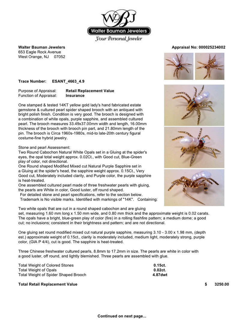 Estate Retro 14K Y Gold 0.17ctw Multigem Spider Brooch