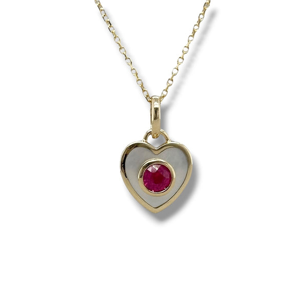 14K Y Gold 0.31ctw Ruby and MOP Bezel Set Heart Pendant
