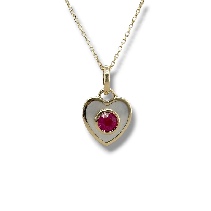 14K Y Gold 0.31ctw Ruby and MOP Bezel Set Heart Pendant