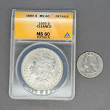 Estate 0.9 Silver 1885 US Morgan Dollar ANACS MS 60 Details Cleaned