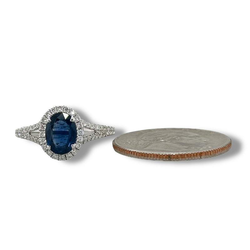18K W Gold 1.26ct Sapphire and 0.40ctw Diamonds H/SI1 Halo Diamond Ring
