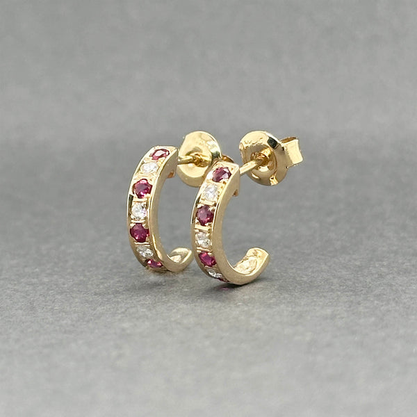 Estate 14K Y Gold 0.24ctw Ruby & 0.09ctw Diamond J Hoop Earrings