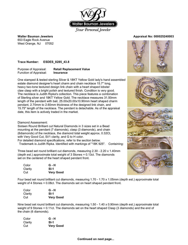 Estate Judith Ripka SS 18 0.32ctw Diamond Heart Necklace