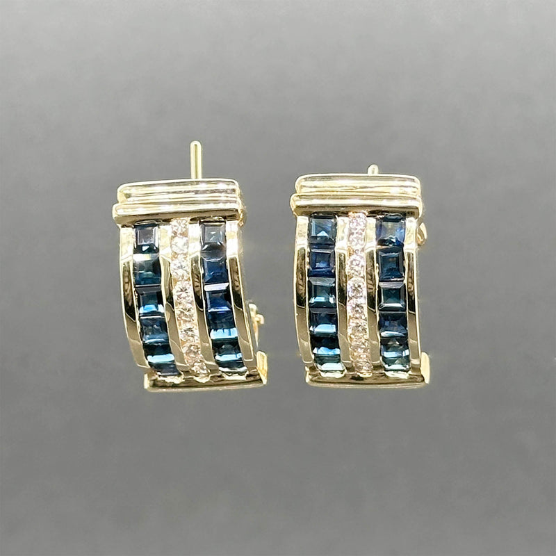 Estate 14K Y Gold 1.92ctw Sapphire & 0.34ctw Diamond J Hoop Earrings