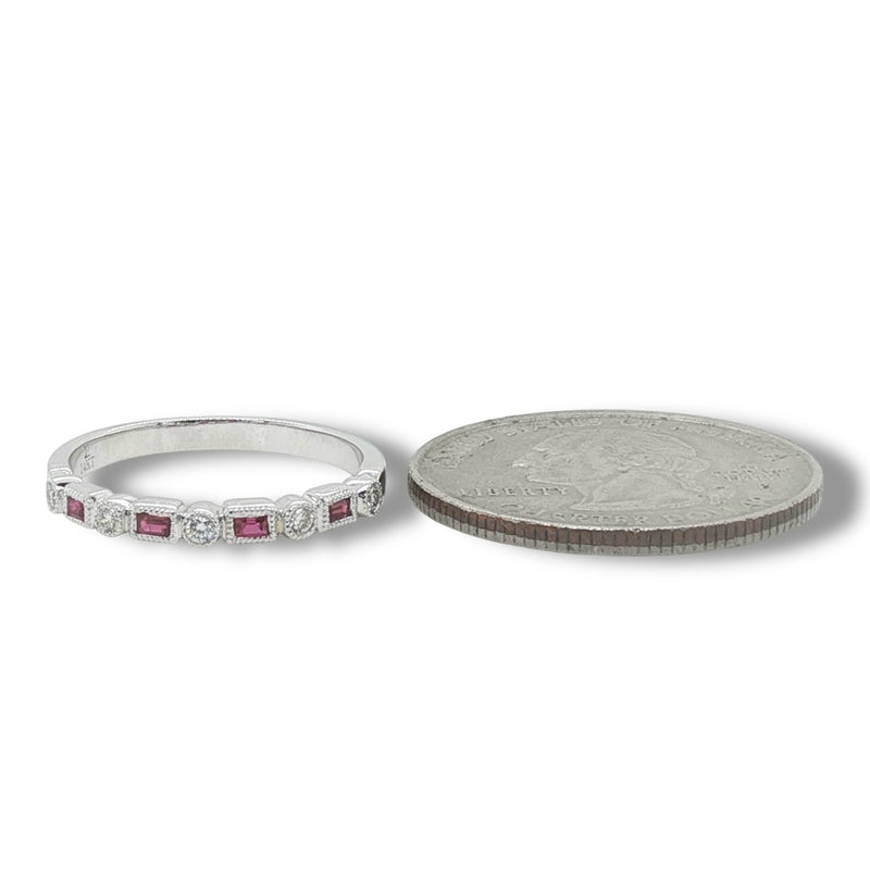14K W Gold 0.12ctw Ruby 0.08ctw G/SI1 Milgrain Diamond Band