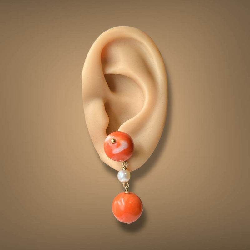 Estate 14K Y Gold 48.64ctw Coral & Pearl Dangle Earrings