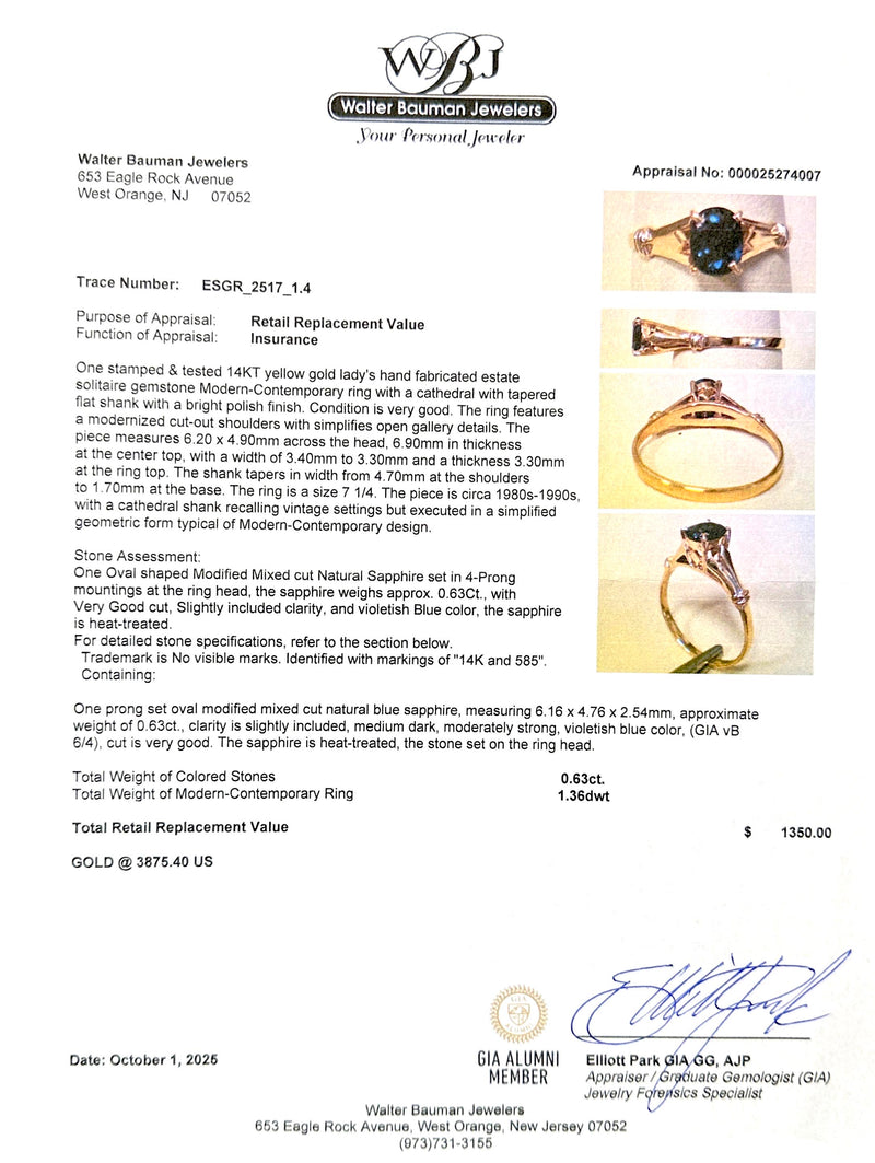 Estate 14K Y Gold 0.63ct Sapphire Ring