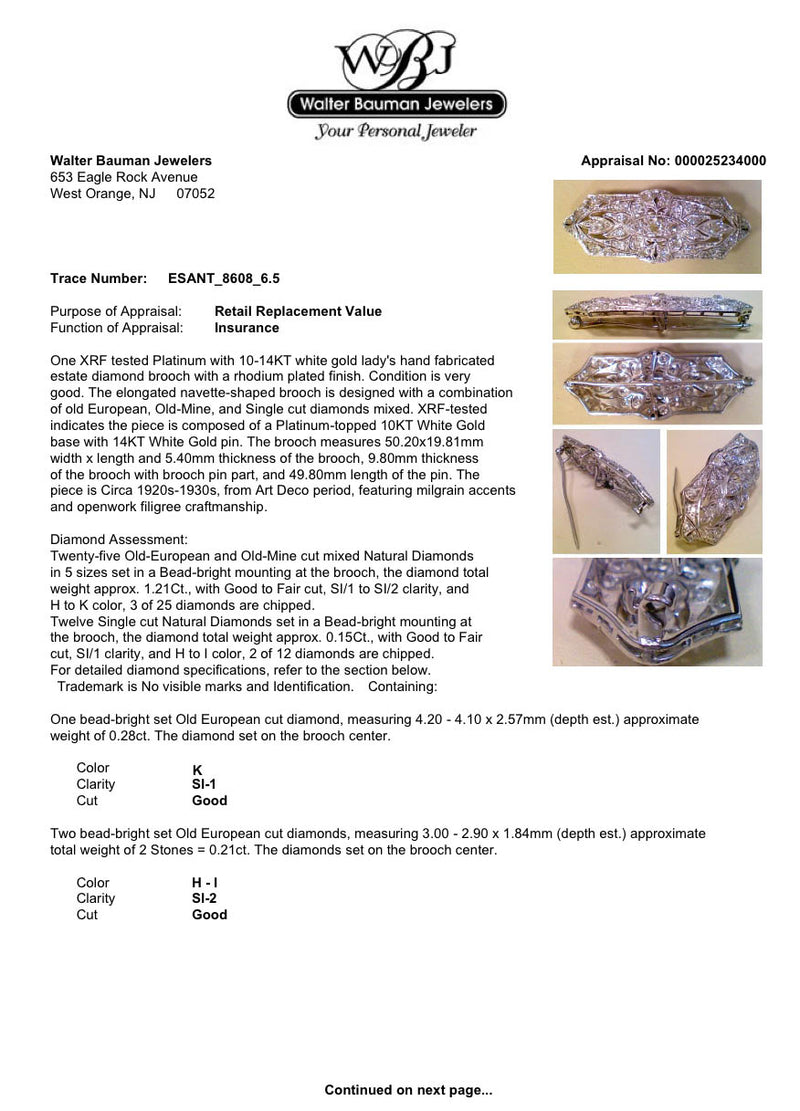 Estate Art Deco Platinum 1.36ctw H-K/SI1-2 Diamond Brooch