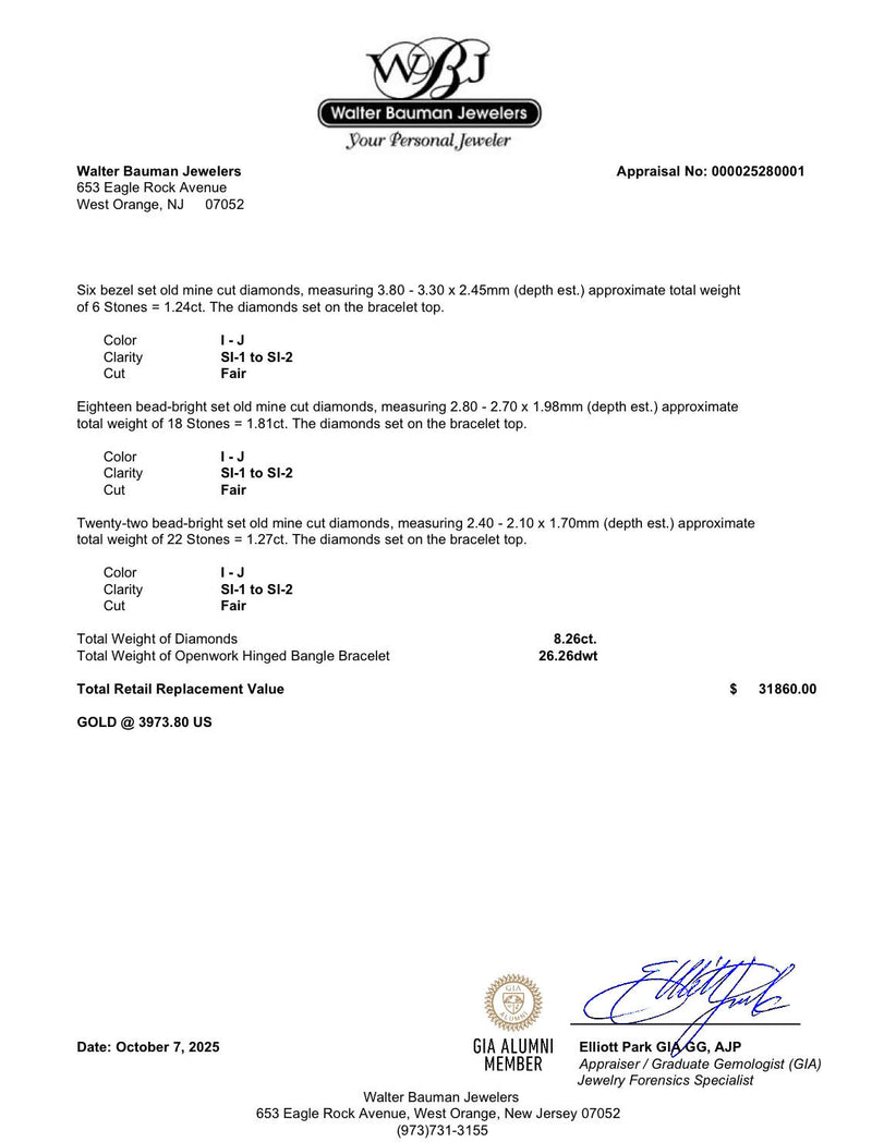 Estate Art Deco Platinum & 14 8.26ctw Diamond Bangle Bracelet