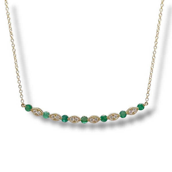14K Y Gold 16" 0.14ctw Diamond and 0.66ctw Emeralds Curved Bar Necklace