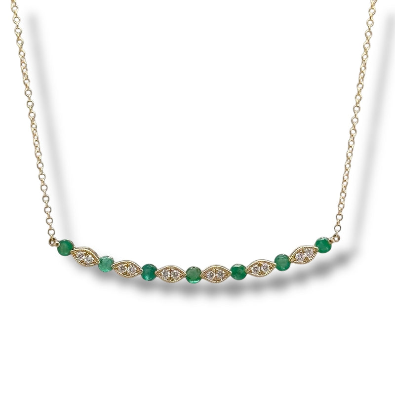 14K Y Gold 16" 0.14ctw Diamond and 0.66ctw Emeralds Curved Bar Necklace