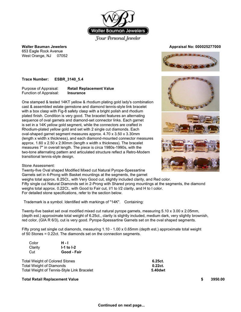 Estate 14K Y Gold 6.25ctw Garnet & 0.22ctw Diamond Bracelet