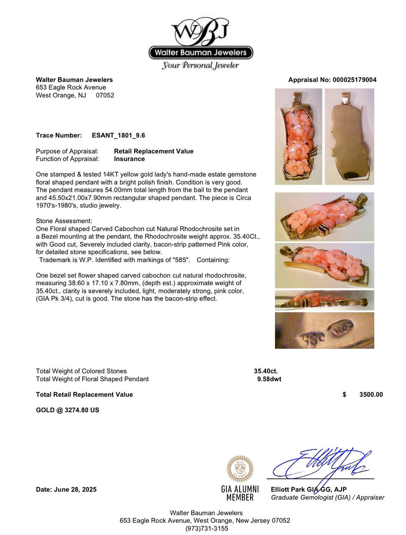 Estate 14K Y Gold 35.40ct Rhodochrosite Flower Pendant