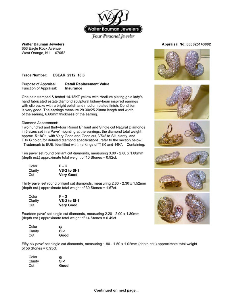 Estate 14 & 18K Y Gold 5.18ctw Diamond Kidney Clip On Earrings