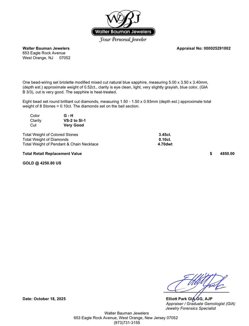 Estate 14K W Gold 3.45ctw Sapphire & 0.10ctw Diamond Pendant