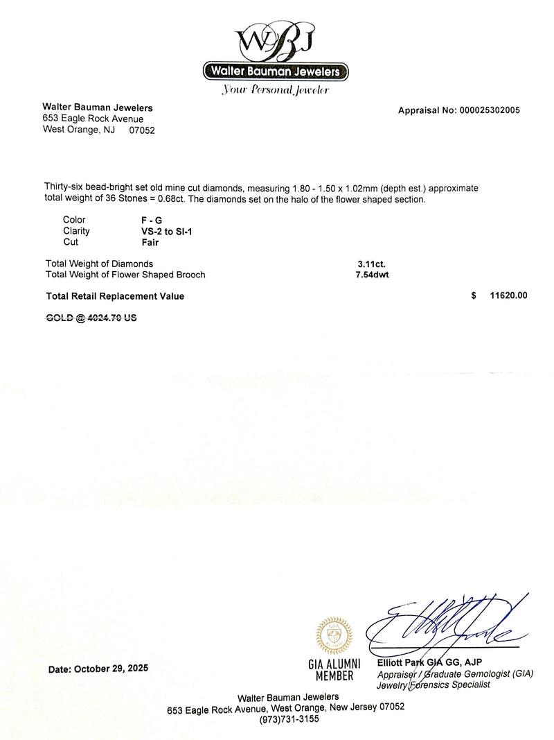 Estate Victorian 18K Y Gold 3.11ctw F-G/VS2-SI1 Diamond Brooch