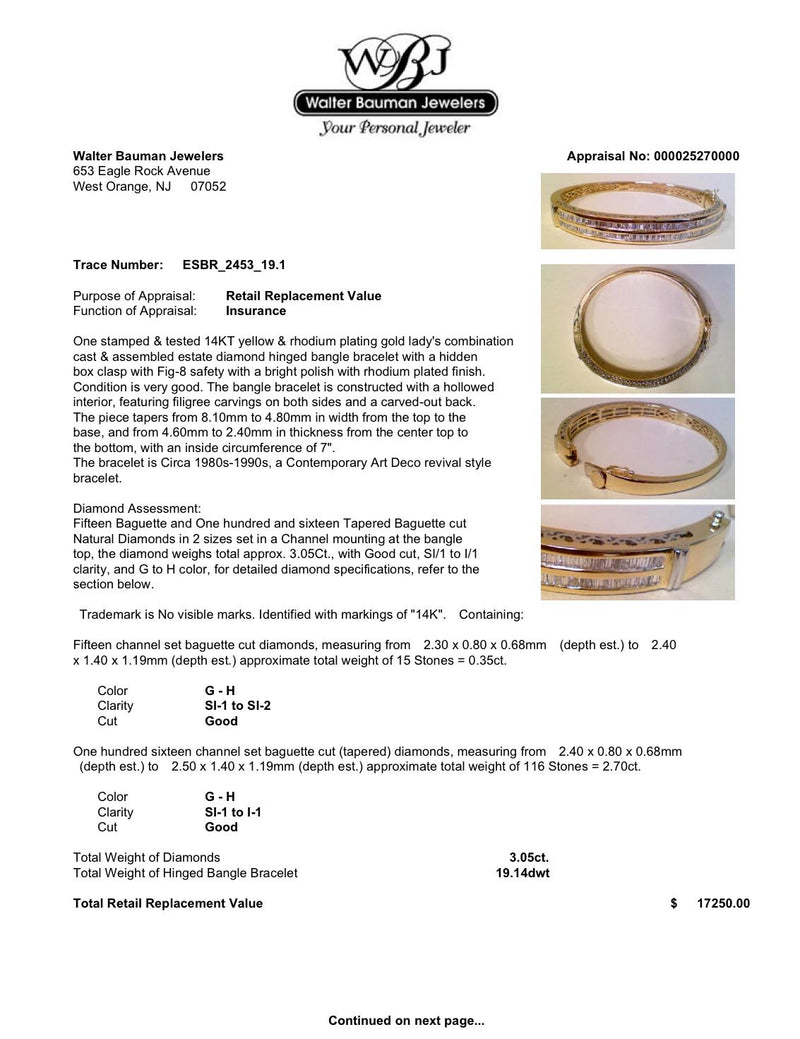 Estate 14K Y Gold 3.05ctw Diamond Bangle Bracelet