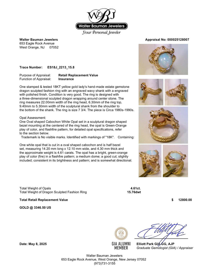 Estate 18K Y Gold 4.61ct Opal Dragon Ring