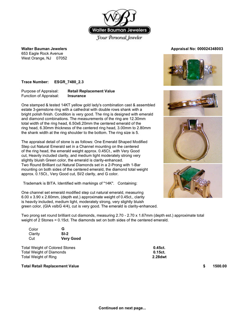 Estate 14K Y Gold 0.45ct Emerald & 0.15ctw Diamond Ring