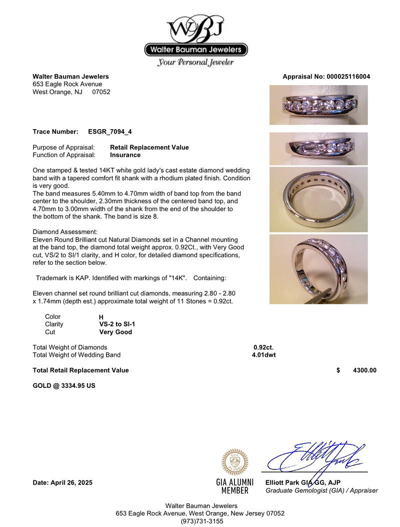 Estate 14K W Gold 0.92ctw H/VS2-SI1 Diamond Ring