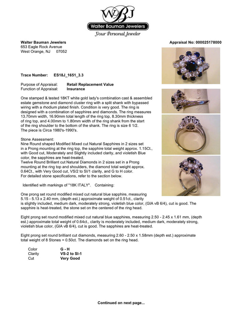 Estate 18K W Gold 1.15ctw Sapphire & 0.64ctw Diamond Ring