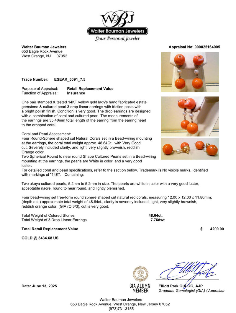 Estate 14K Y Gold 48.64ctw Coral & Pearl Dangle Earrings