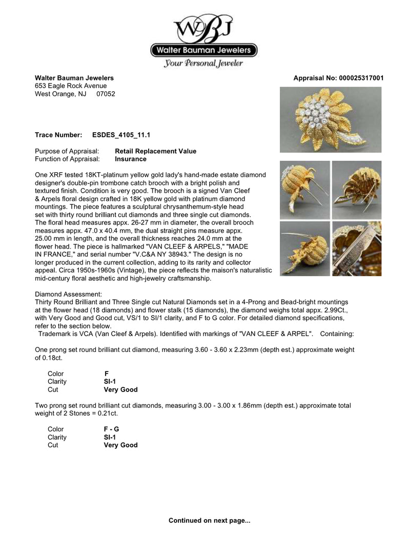 Estate Van Cleef & Arpels 18K Y Gold 2.99ctw Diamond Flower Brooch