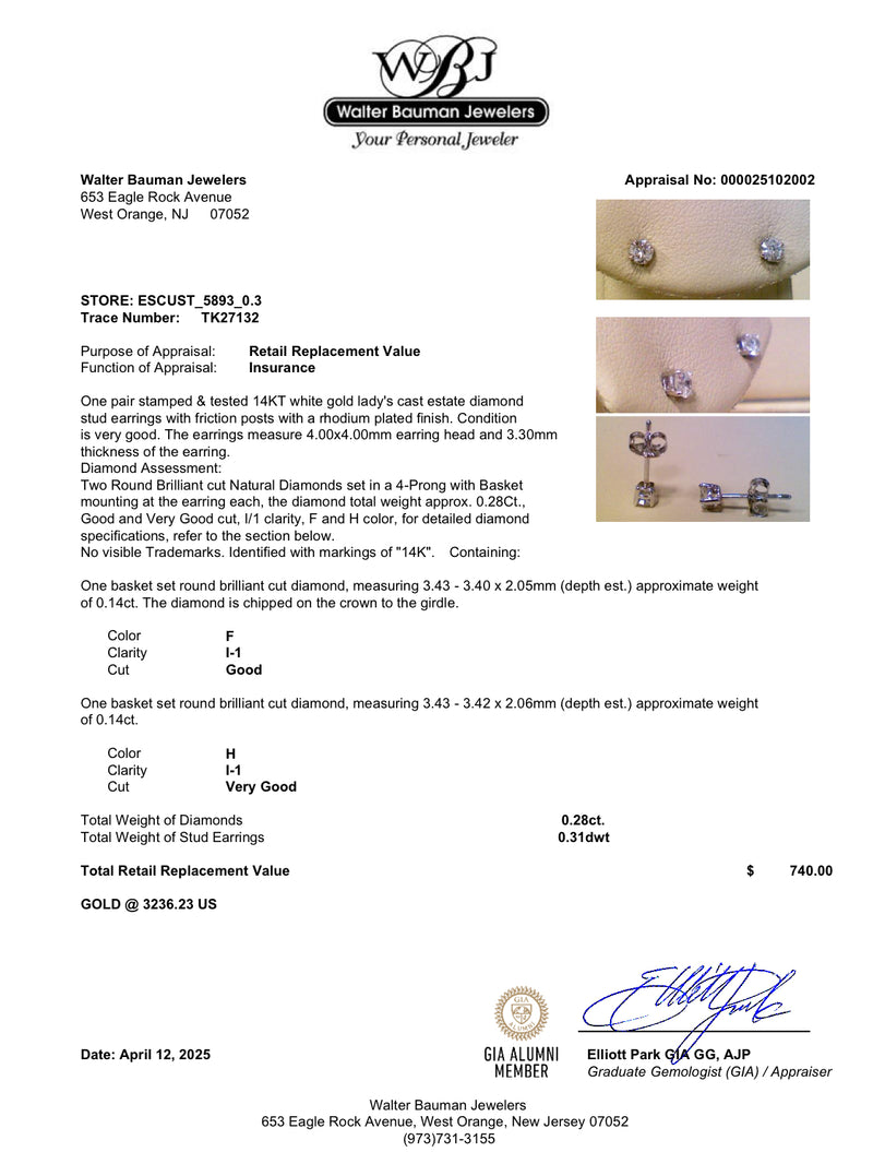 Estate 14K W Gold 0.28ctw Diamond Stud Earrings