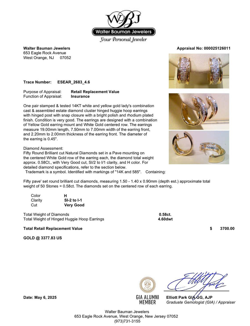 Estate 14K TT Gold 0.58ctw H/SI2-I1 Diamond Huggie Earrings