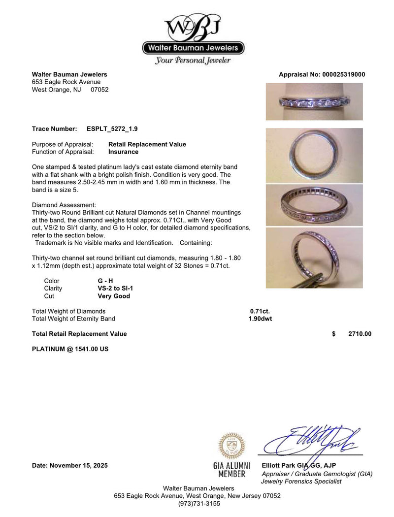 Estate Platinum 0.71ctw G-H/VS2-SI1 Diamond Eternity Ring