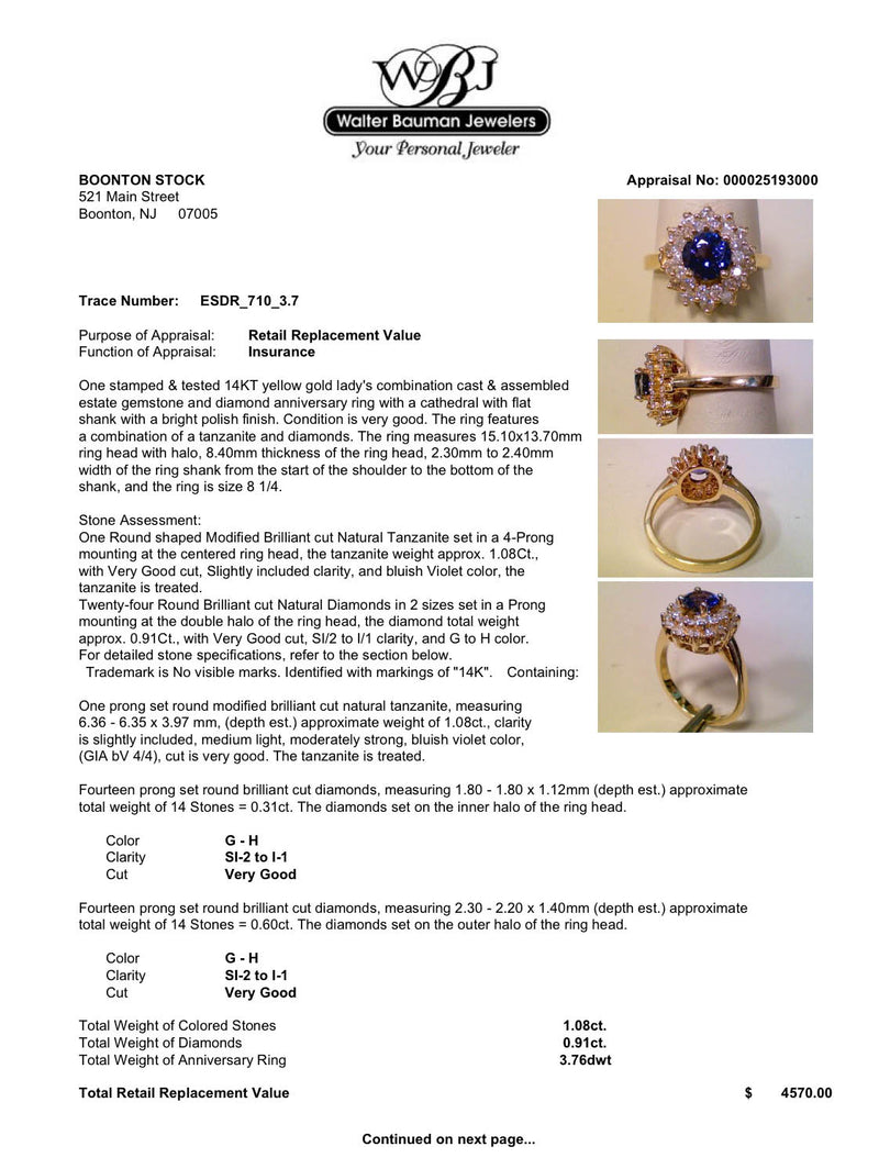 Estate 14K Y Gold 1.08ct Tanzanite & 0.91ctw Diamond Ring