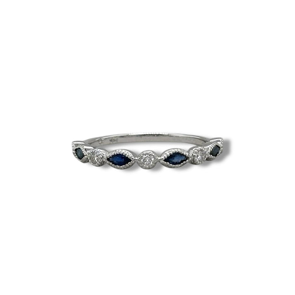 14K W Gold 0.32ctw Sapphire 0.10ctw H-I/SI1 Milgrain Diamond Band