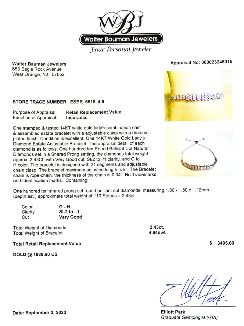 Estate 14K W Gold 2.43cttw G-H/SI2-I1 Diamond Bolo Bracelet - Walter Bauman Jewelers