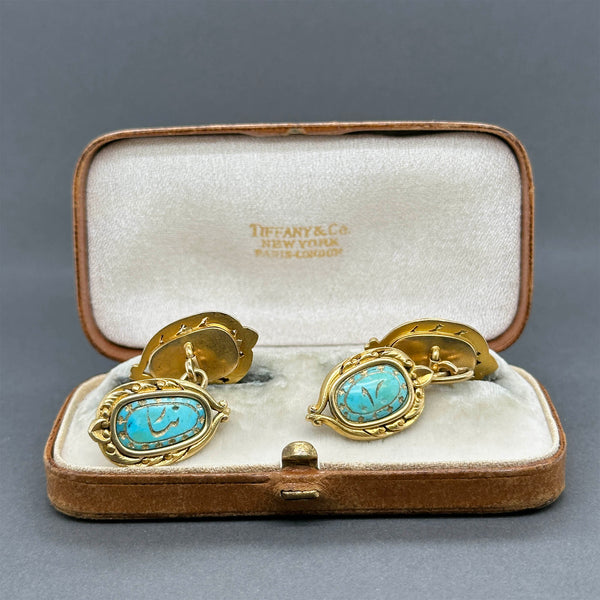 Estate 18K Y Gold 8.48ctw Turquoise Persian “Ya Ali Haider” Cufflinks