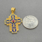 Estate 18K Y Gold Enamel & Ruby Cross Pendant
