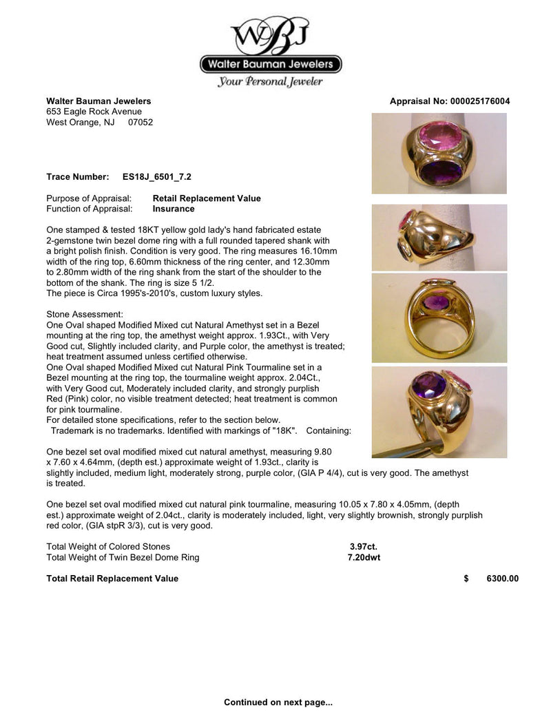 Estate 18K Y Gold 3.97ctw Amethyst & Tourmaline Ring