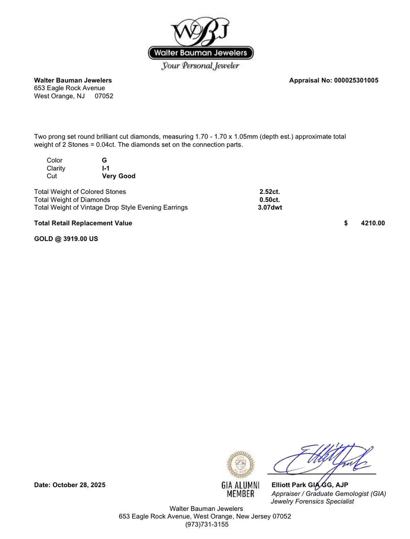 Estate 14K Y Gold 2.52ctw Sapphire & 0.50ctw Diamond Drop Earrings