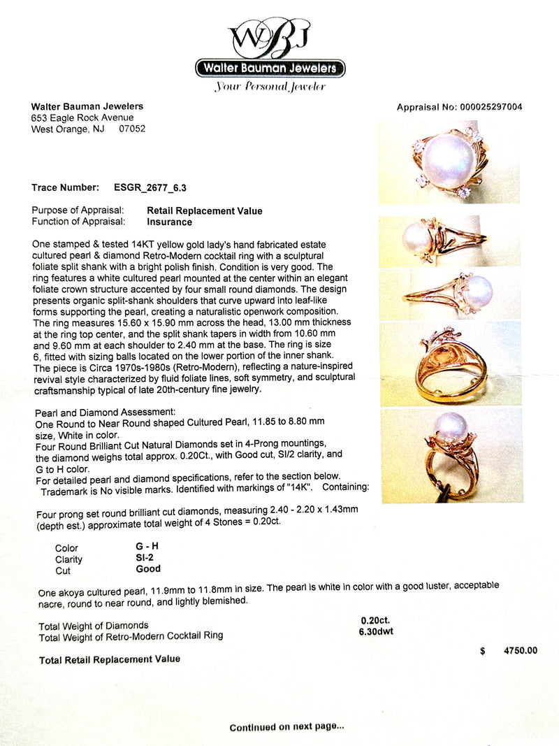 Estate 14K Y Gold Akoya Pearl & 0.20ctw Diamond Ring