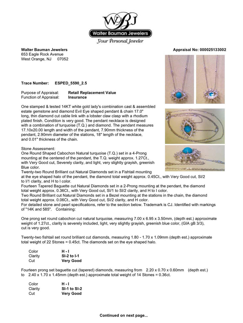 Estate 14K W Gold 1.27ct Turquoise & 0.87ctw Diamond Evil Eye Pendant