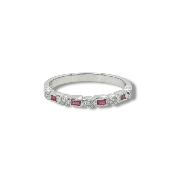 14K W Gold 0.12ctw Ruby 0.08ctw G/SI1 Milgrain Diamond Band
